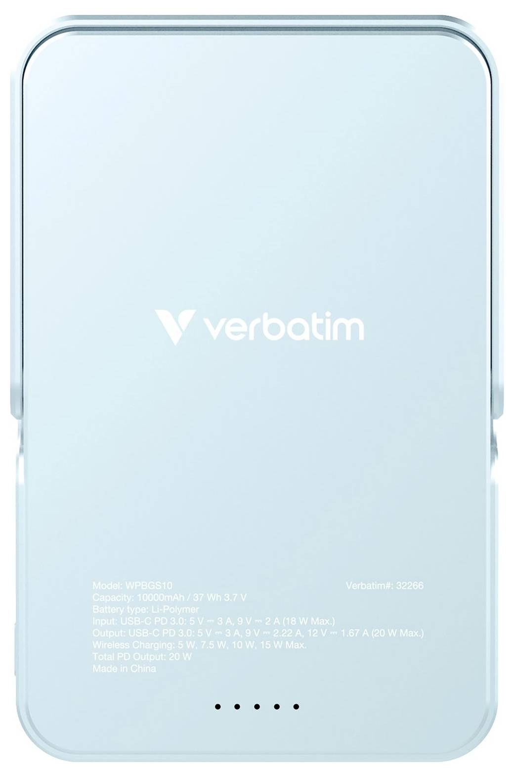 Tragbare Powerbank von Verbatim, Modell WPB-051-10. Kapazität: 10000mAh, 37Wh; Eingänge: USB-C, USB-A; Ausgänge: 12V, 7A; Farbe: Blau.