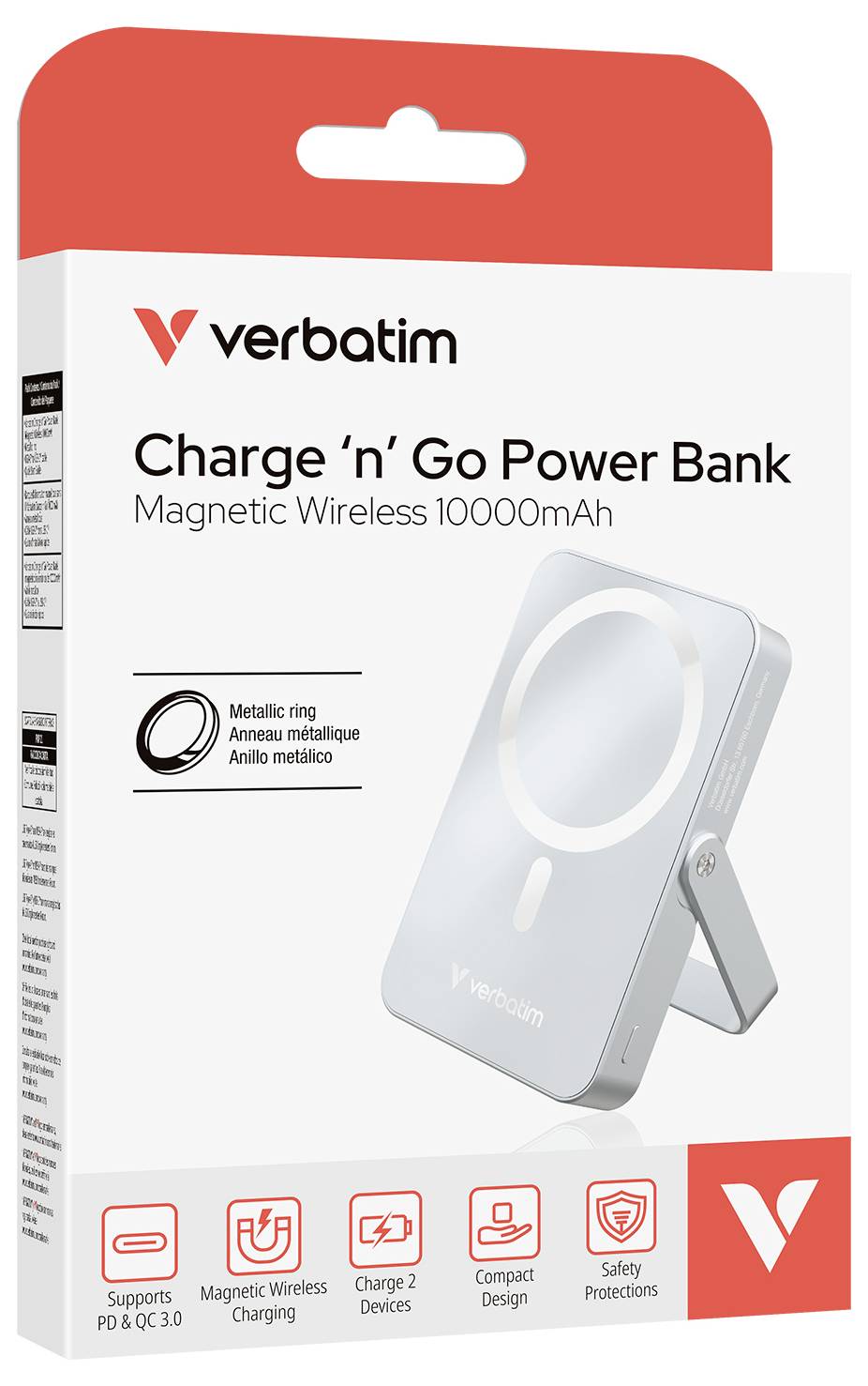Verpackung einer Verbatim Power Bank 'Charge 'n' Go', 10000mAh, magnetisches kabelloses Laden, mit Metallring und Standfuß.