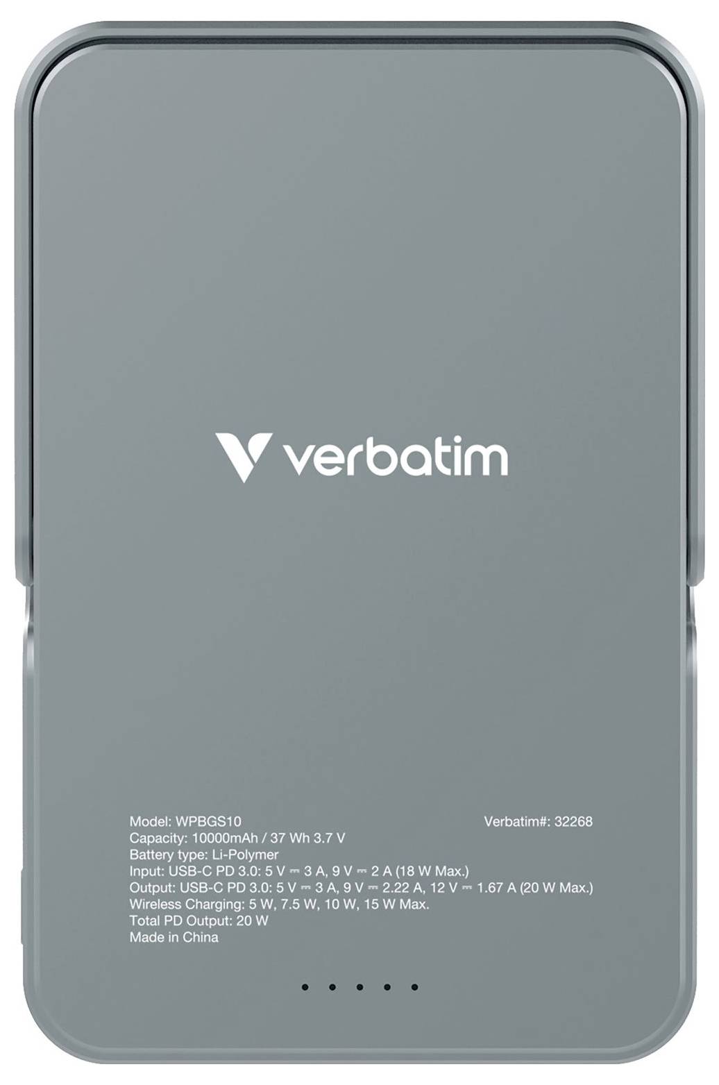 Graue Powerbank von Verbatim mit einer Kapazität von 10000mAh. Zeigt technische Spezifikationen wie Eingangs- und Ausgangsleistung.