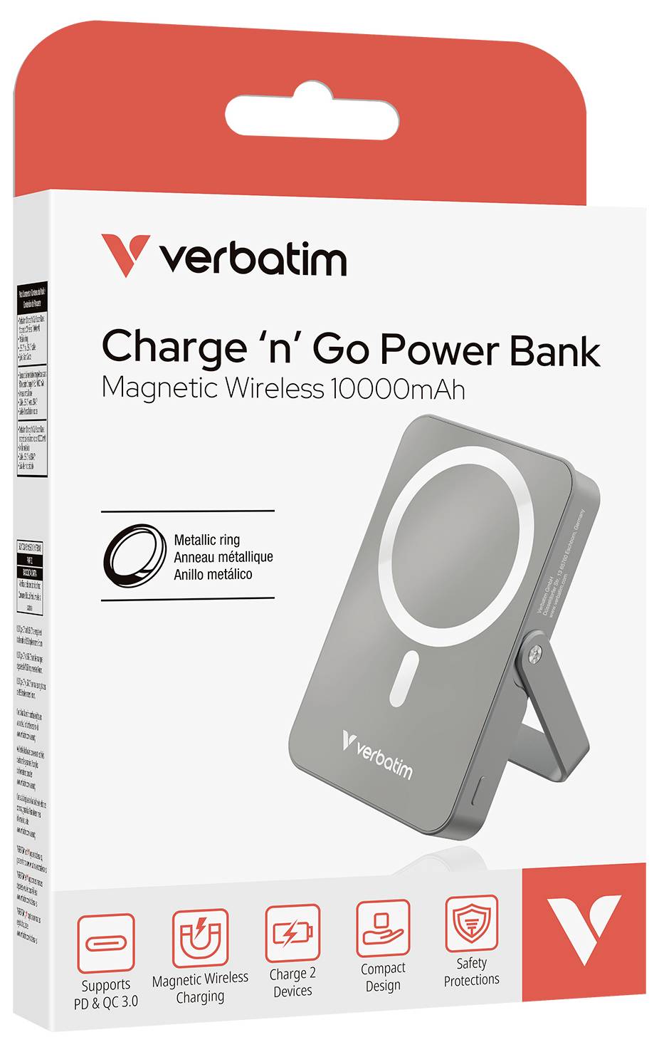 Verpackung einer Verbatim Powerbank mit 10000mAh Magnet-Ladung. Enthält Informationen über PD & QC 3.0 Unterstützung und Sicherheitsfunktionen.