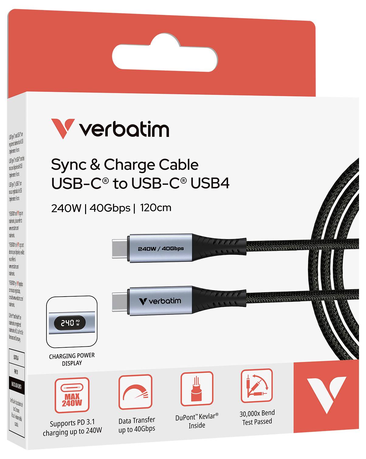 'Verbatim Sync & Charge Kabel USB-C zu USB-C USB4', 240W, 40Gbps, 120cm, zeigt Ladeanzeige, unterstützt PD 3.1, robustes Kevlar, bis 30.000 Biegungen.
