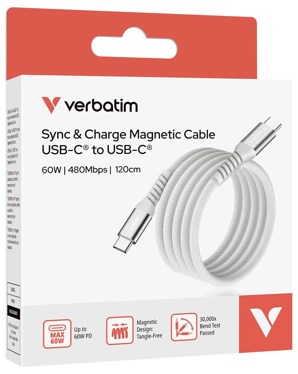 Verpackung eines Verbatim Sync & Charge Magnetkabels. Zeigt ein weißes USB-C zu USB-C Kabel, 60W, 480Mbps, 120cm. Hinweise zur Leistung und Konstruktion.