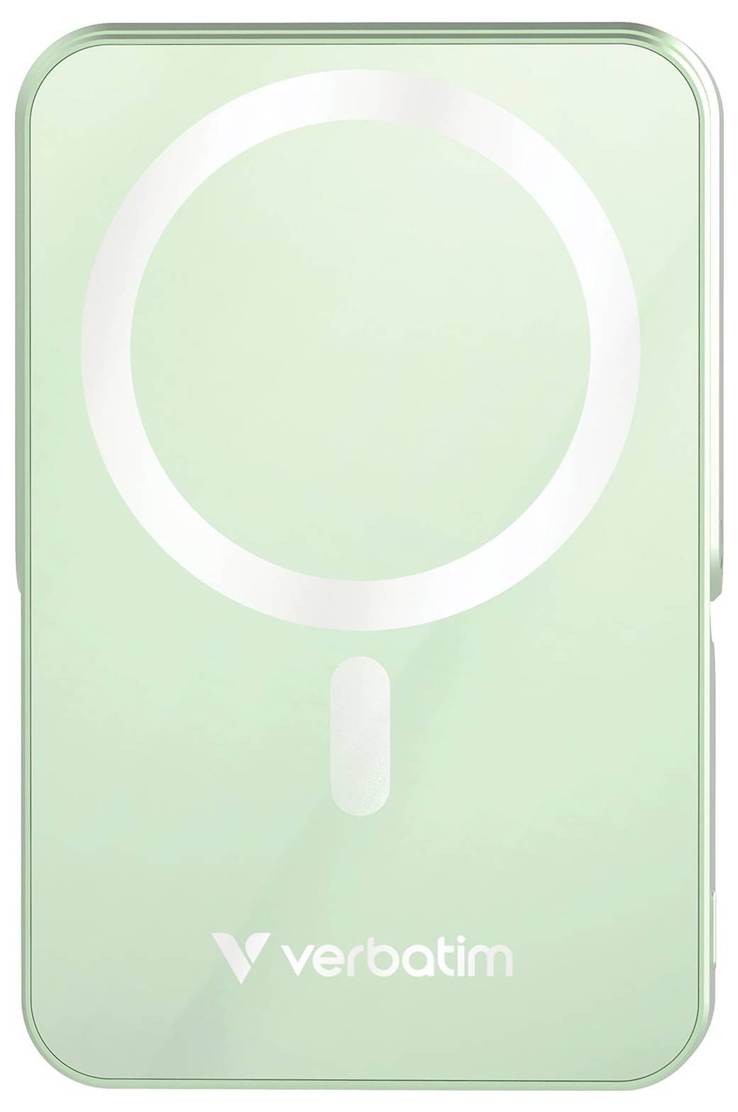 Tragbares Ladegerät in Hellgrün von Verbatim, mit kreisförmigem Magnet auf der Oberseite, geeignet für kabelloses Aufladen.