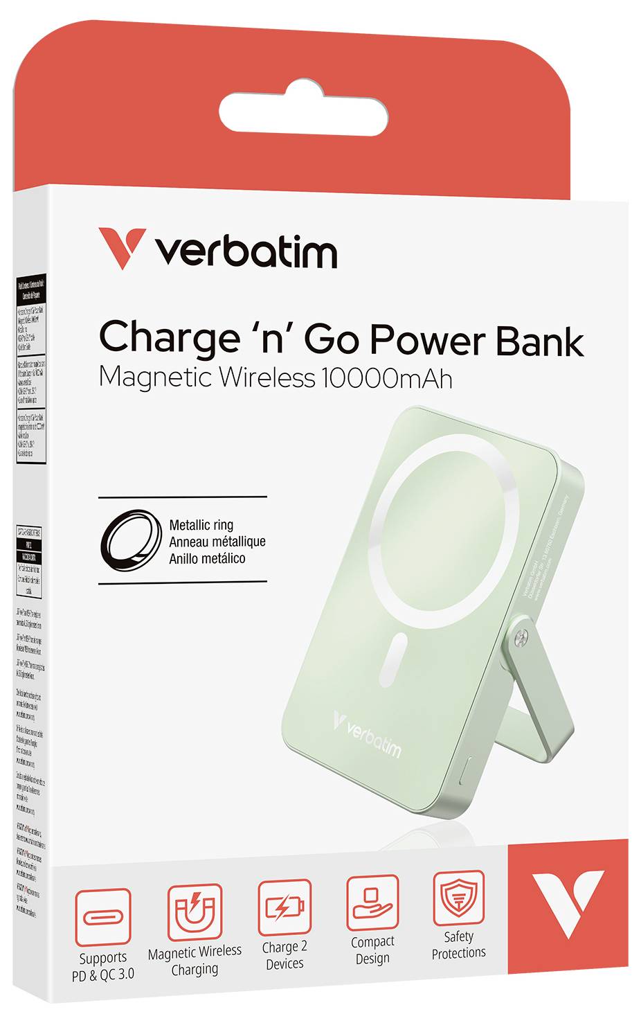 Ein 'Verbatim Charge 'n' Go'-Powerbank mit magnetischem, kabellosem 10000mAh Ladegerät. Verpackung zeigt Produktmerkmale und Symbole.