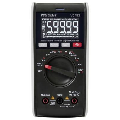 Digitales Multimeter, das '5.9999' anzeigt, mit verschiedenen Einstellungstasten und Drehschaltern. Modell 'VOLTCRAFT VC 195', Wechselspannungsmodus aktiv.