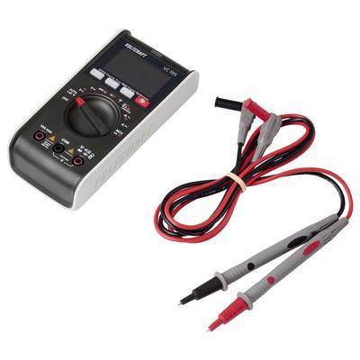 Ein digitales Multimeter mit Display und Drehschalter, ausgestattet mit roten und schwarzen Messleitungen zur Messung elektrischer Eigenschaften.