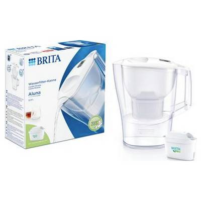 Wasserfilter-Kanne Brita Aluna neben Verpackung. Zeigt Kanne mit Filter und Hinweis auf 2,4-Liter-Kapazität.