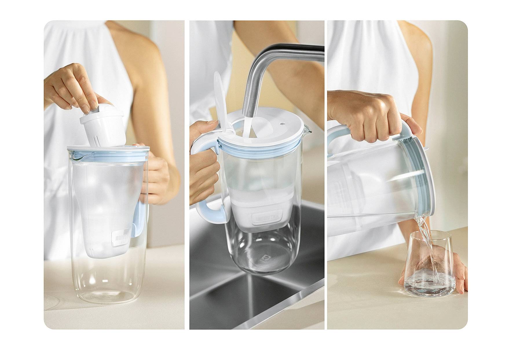 'Drei Bilder zeigen das Befüllen eines Wasserfilters: Einsetzen des Filters, Auffüllen mit Wasser, Eingießen des gefilterten Wassers in ein Glas.'