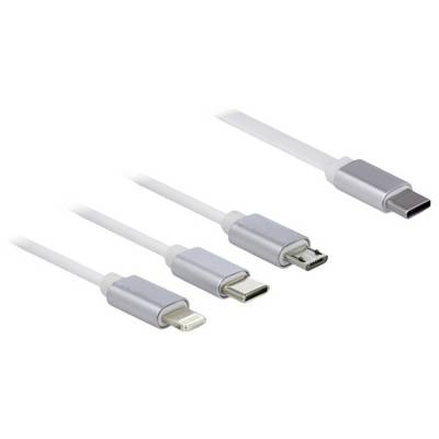 Vier Ladekabel mit unterschiedlichen Anschlüssen: USB-C, Micro-USB, Lightning und ein weiteres USB-C, nebeneinander ausgerichtet und positioniert.
