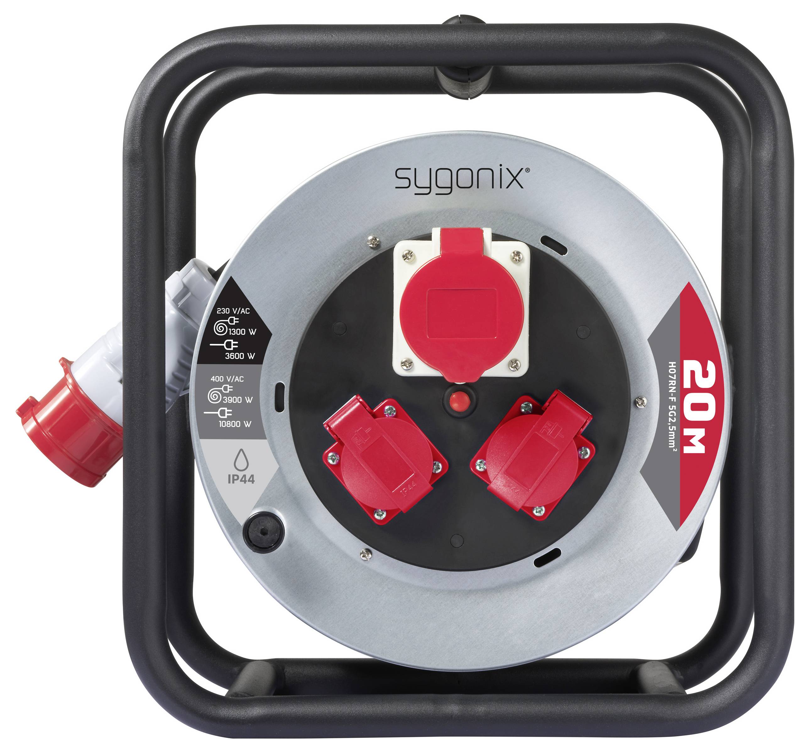 Eine Metallkabel-Rolle mit einer Längenmarkierung von 20 m, ausgestattet mit drei roten Steckdosen, einem Schutzschalter und einem schwarzen Rahmen, mit der Marke 'sygonix'.