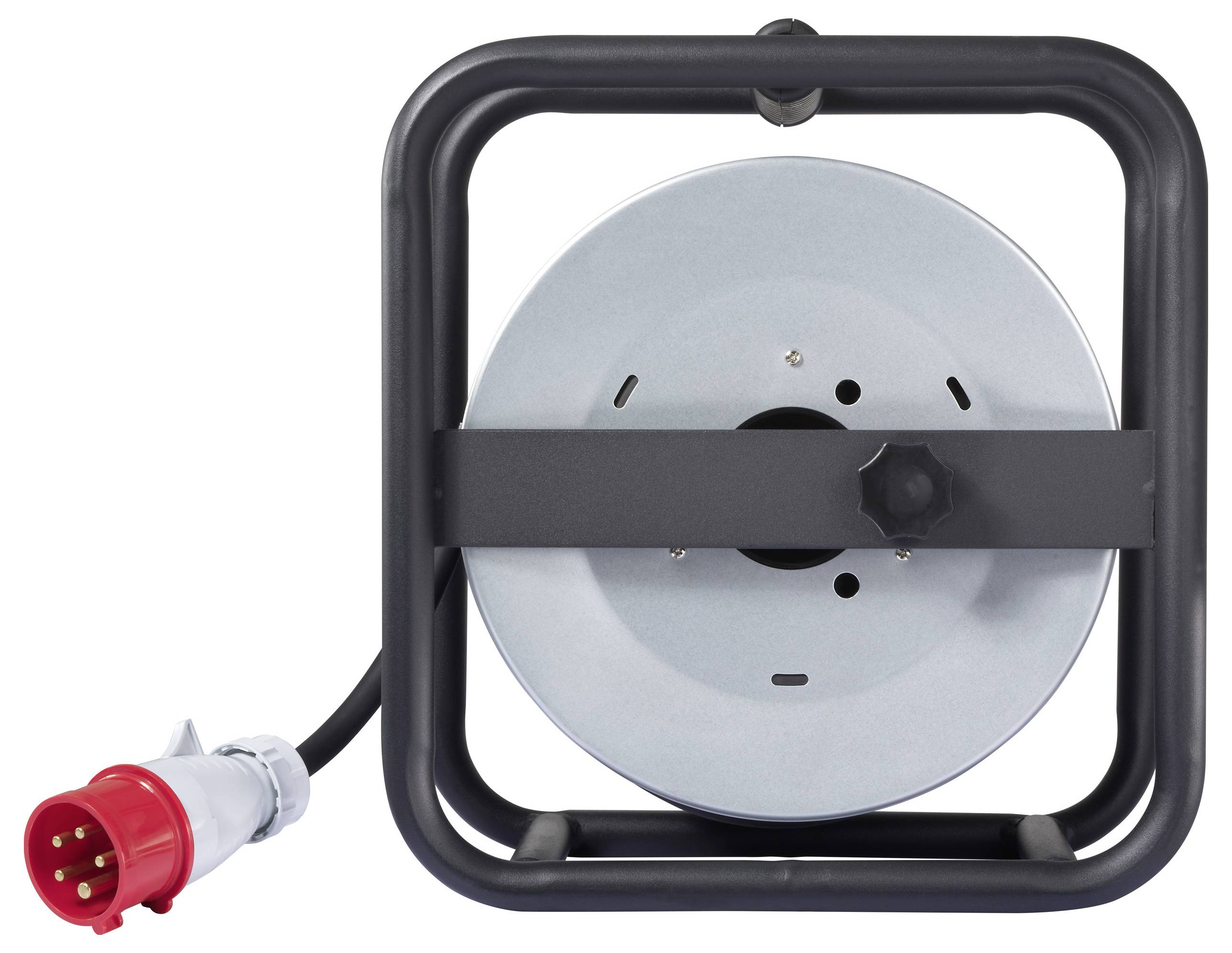 Eine Metallkabeltrommel mit einem robusten Rahmen und einem roten, industriellen Stromstecker; entwickelt für strapazierfähige Nutzung und elektrische Verbindungen.