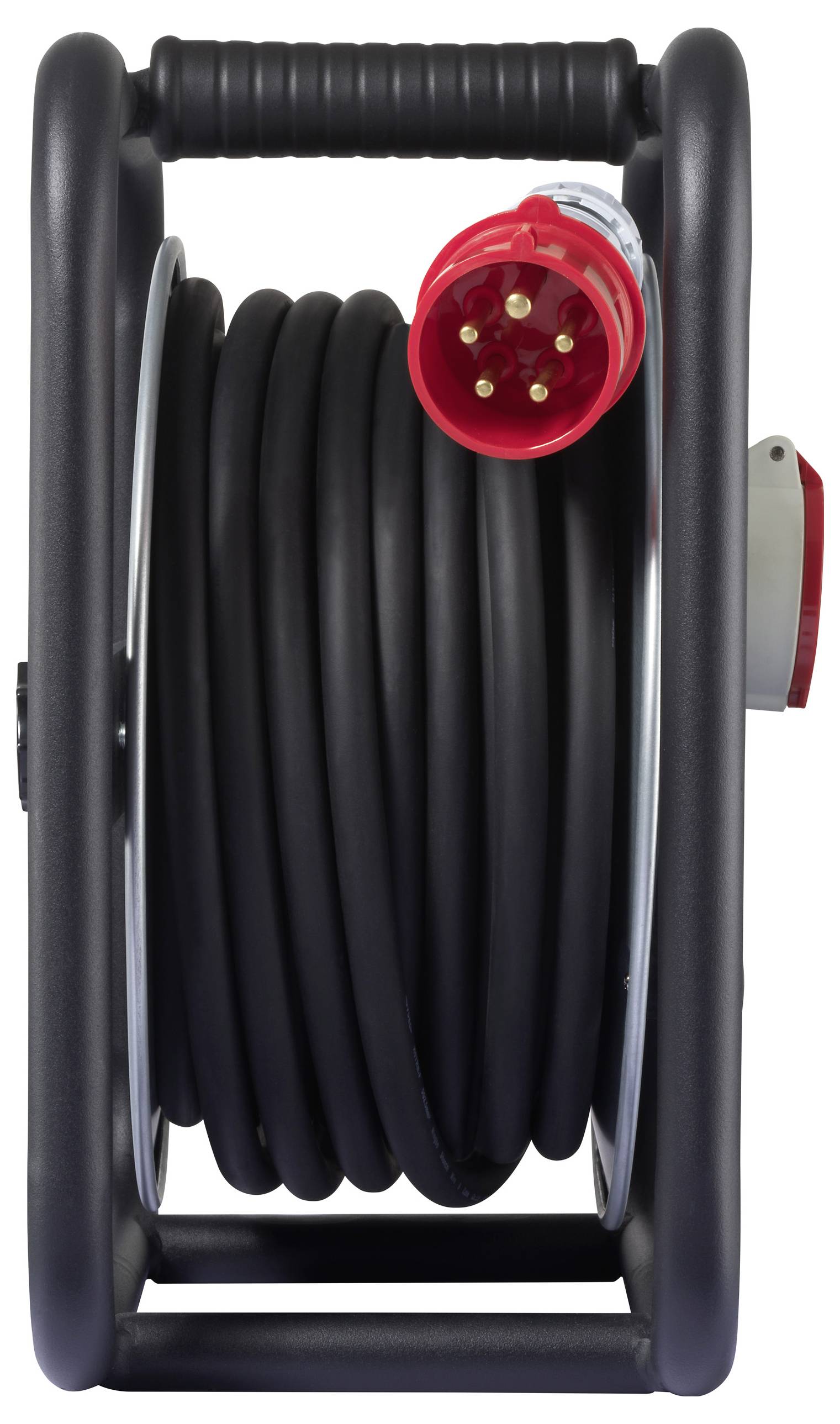Ein aufgewickeltes schwarzes Kabel auf einer Rolle mit einem roten, fünfpoligen Elektrostecker. Die Rolle verfügt über einen Tragegriff.