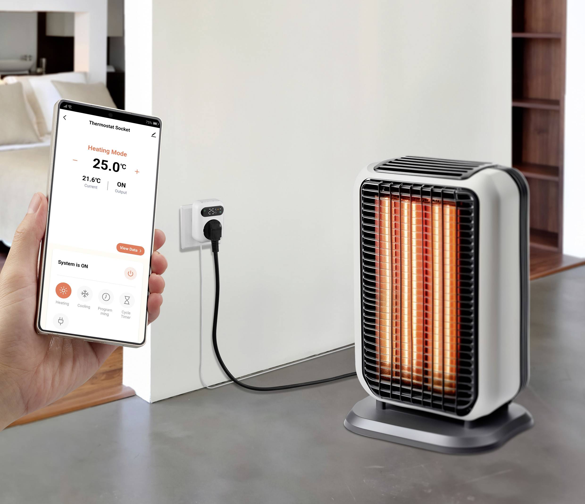 Eine Person steuert einen angeschlossenen Standheizlüfter über eine Smartphone-App. Der Bildschirm zeigt Temperatureinstellungen und Heizmodus-Optionen.