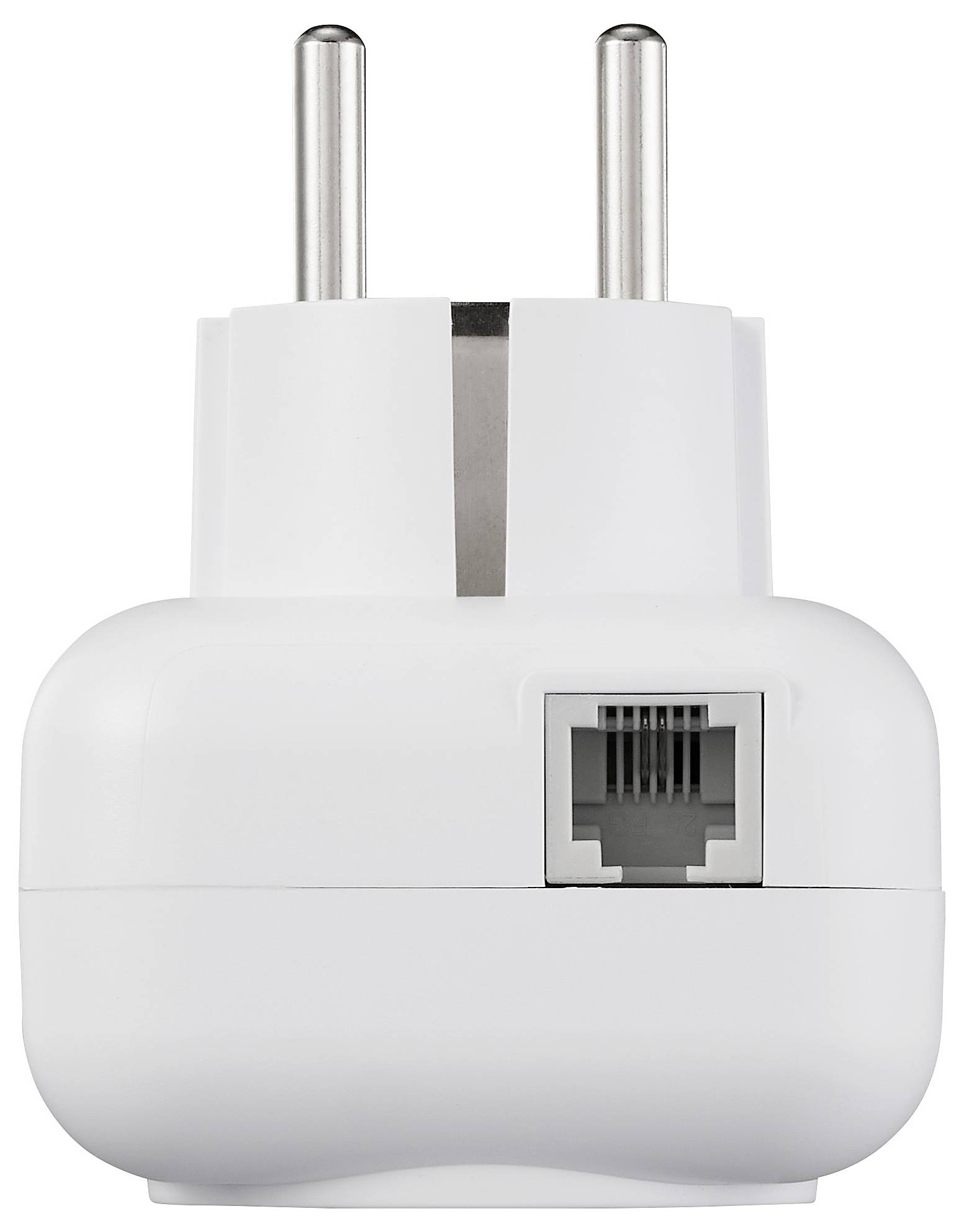 Ein weißer Netzstecker mit zwei Stiften und einem Ethernet-Anschluss an der Seite, entwickelt zum Anschluss von Geräten an ein Netzwerk.