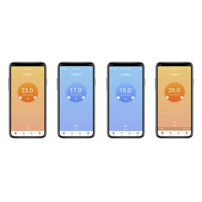 Vier Smartphones zeigen eine App zur Temperaturregelung mit verschiedenen Anzeigen: 23°C, 17°C, 15°C und 20°C, auf farbigen Hintergründen.