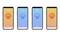 Vier Smartphones zeigen eine App zur Temperaturregelung mit verschiedenen Anzeigen: 23°C, 17°C, 15°C und 20°C, auf farbigen Hintergründen.
