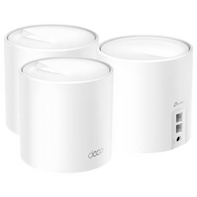 Drei weiße, zylindrische WLAN-Router mit dem Logo 'deco'. Einer zeigt zwei Ethernet-Anschlüsse und einen Stromanschluss an der Rückseite.