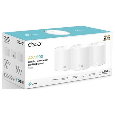 Verpackung eines TP-Link Deco AX1500 Whole Home Mesh Wi-Fi-6-Systems mit drei weißen Routern.盒子上有技术规格。