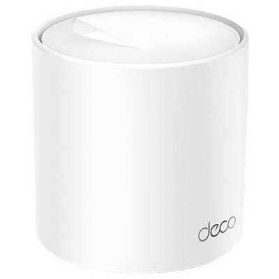 Ein weißer, zylindrischer WLAN-Router mit der Aufschrift 'Deco' unten rechts.