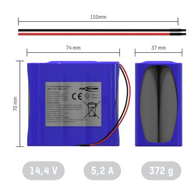 Eine rechteckige, wiederaufladbare Lithium-Ionen-Batterie mit blauer Verpackung, Kabelanschlüssen und technischen Spezifikationen: 14,4 V, 5,2 A, 372 g. Maße: 150 mm lang, 74 mm breit, 70 mm hoch.