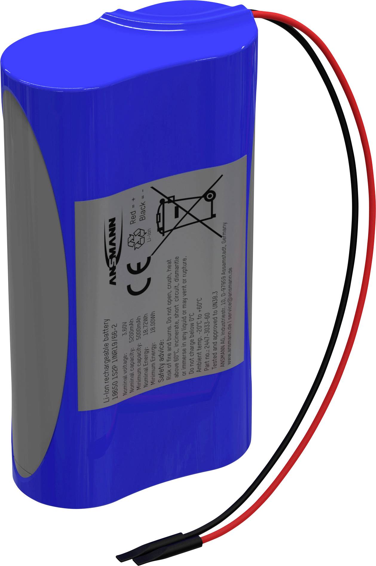 Ansmann 1S2P Akkupack 2x 18650 Kabel Li-Ion 3.6V 5200mAh Akkupack 2x Li-Ion 3.6 V 5200 mAh