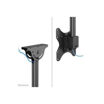 Zwei Halterungen für Monitore oder Displays, links mit einer Basisplatte und rechts mit einer VESA-Befestigung, jeweils mit Kabelkanal.
