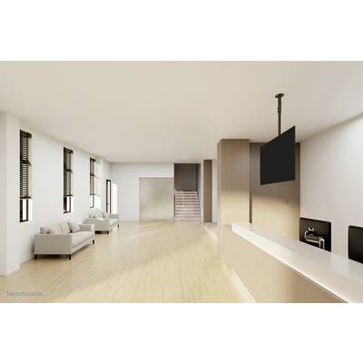 Moderner Büroempfangsbereich mit hellem Holzboden, minimalistischem Empfangstresen und schwarzem Bildschirm an der Decke.