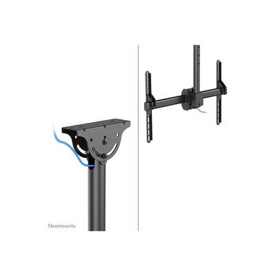 'Neomounts Monitorhalterung' zeigt Teile einer Halterung mit Kabelmanagement. Links: Befestigung am Pfosten. Rechts: Aufnahme für Monitore.