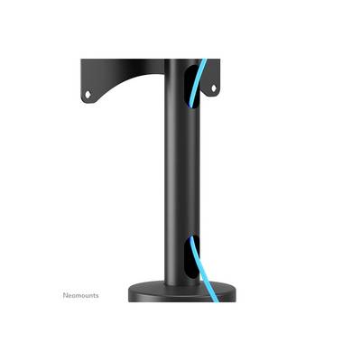 Ein schwarzer Monitorarm mit integrierter Kabelführung, die ein blaues Kabel durch zwei Öffnungen führt. Links unten steht 'Neomounts'.