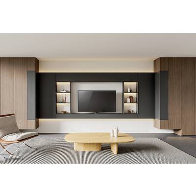Modernes Wohnzimmer mit Holzdetails und einem Fernseher in der Mitte. Offene Regale mit Dekorationen. Zeitgenössisches Design.