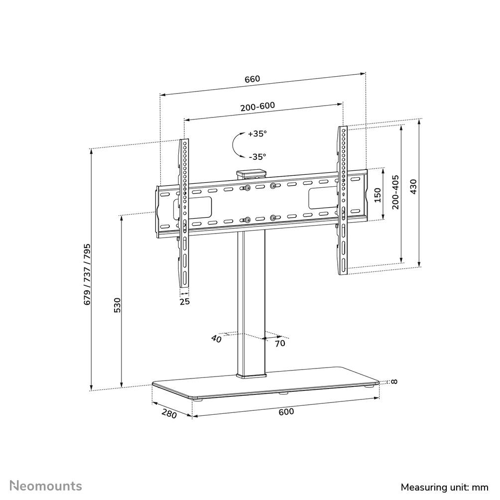'Diagram eines verstellbaren TV-Ständers. Maße sind in Millimeter angegeben: Höhe 679-1295, Breite 660. Neigung +35°/-10°.'