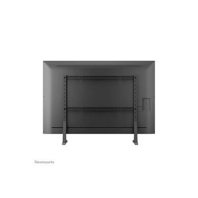 Rückansicht eines Fernsehers mit montierten Standfüßen und vielen Montagemöglichkeiten. Aufschrift 'Neomounts' in der Ecke.