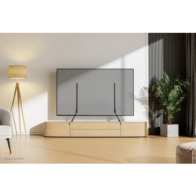 Ein moderner Fernseher steht auf einem hölzernen TV-Schrank in einem stilvoll eingerichteten Wohnzimmer mit Lampe und Pflanze.