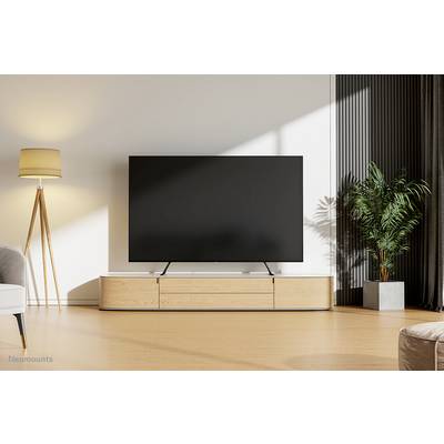Ein modernes Wohnzimmer mit einem großen Flachbildfernseher auf einem Holzmöbel, links eine Stehlampe und rechts eine Pflanze.