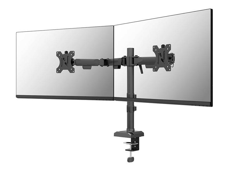 Zwei nebeneinander befestigte Monitorhalterungen mit drehbaren Armen und Klemme für einen Schreibtisch. Ideal für ergonomisches Arbeiten.