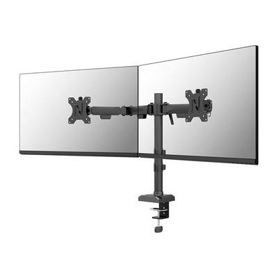 Zwei nebeneinander befestigte Monitorhalterungen mit drehbaren Armen und Klemme für einen Schreibtisch. Ideal für ergonomisches Arbeiten.