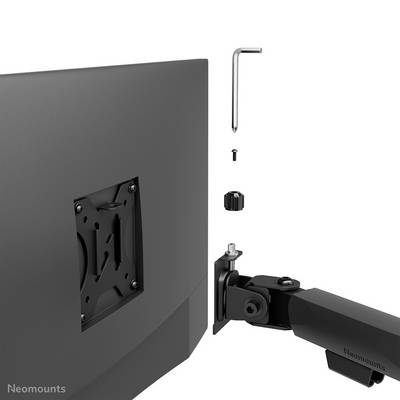 Monitor-Rückseite mit Montagesystem und Halterungsarm. Zeigt Befestigung mit Schrauben und Inbusschlüssel zur Montage des Arms.