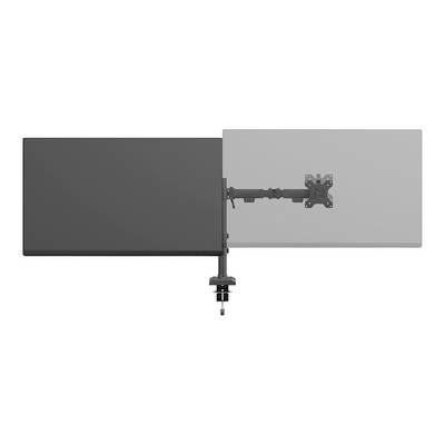 Monitorhalterung mit zwei Armen, einer in voller Länge mit Monitor montiert, der andere ohne Monitorhalterung. Schwarz-graues Design.