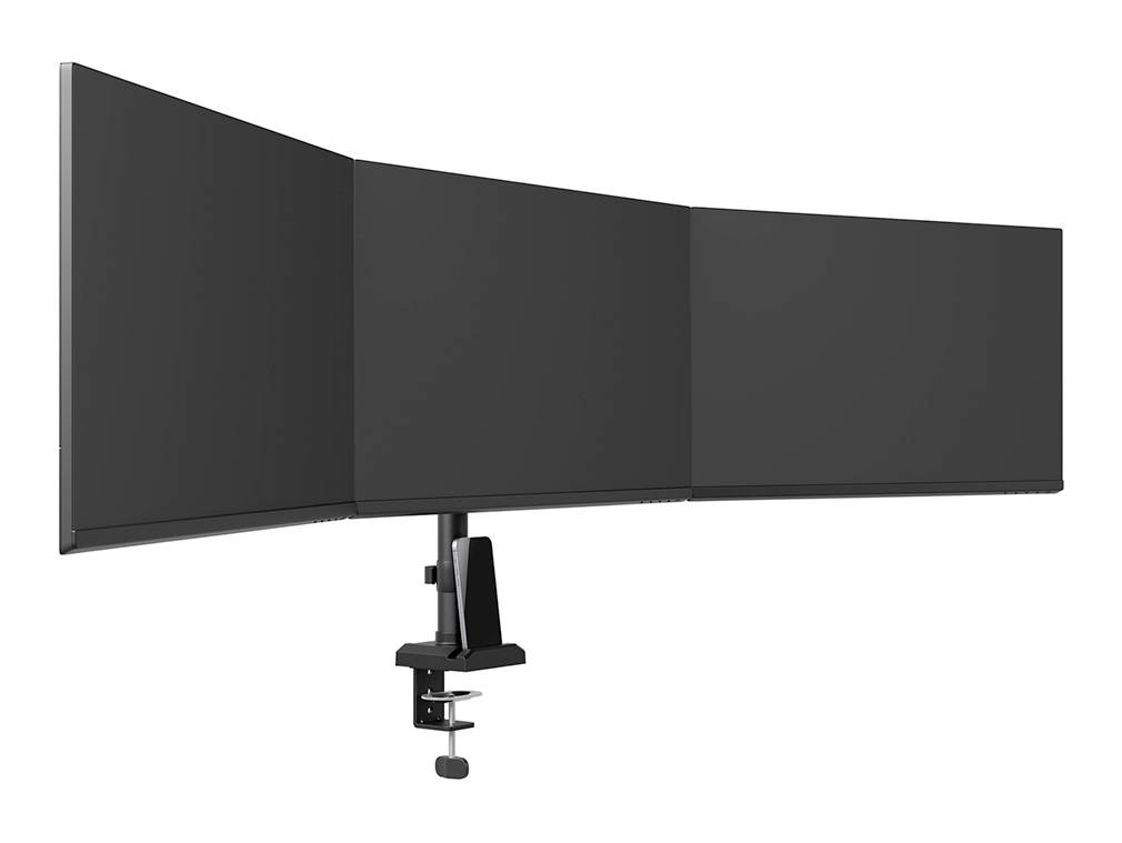 Dreifacher Monitorhalter mit gebogenem Design zur Befestigung an einem Tisch, geeignet für drei Monitore, zeigt Flexibilität und Ergonomie.