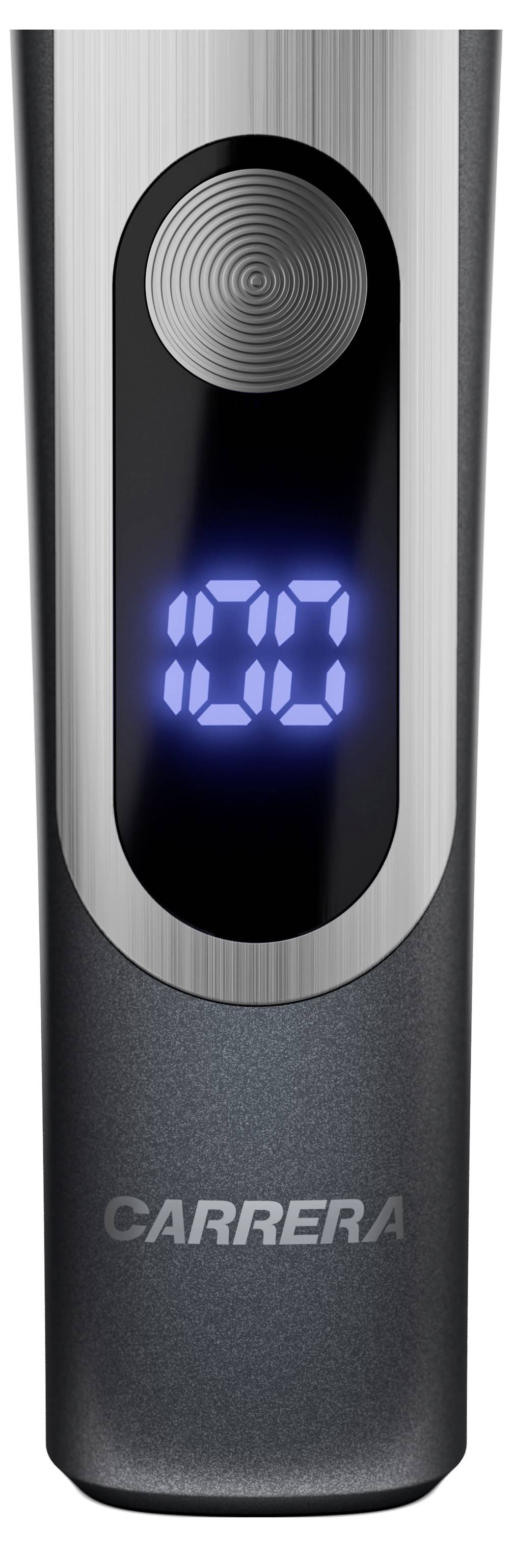 Elektrorasierer mit digitaler Anzeige zeigt '100'. Marke 'CARRERA' unten. Modernes, schlankes Design in dunklem Metall.