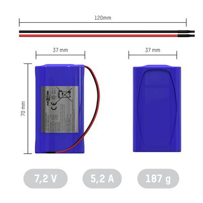 Blauer Akku, 7,2V, 5,2A, 187g, misst 120mm x 70mm x 37mm. Draht zeigt Polarität. Ideal für technische Anwendungen oder Batteriezellenvergleich.