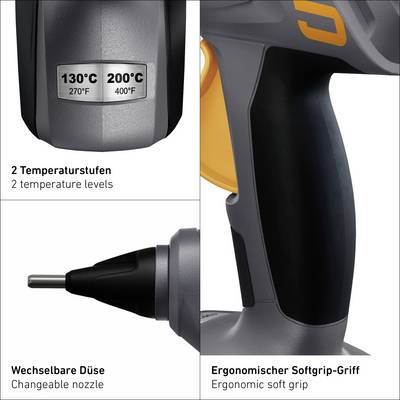 Die Abbildung zeigt ein Gerät mit zwei Temperatureinstellungen, 130°C und 200°C, eine austauschbare Düse und einen ergonomischen Softgriff.