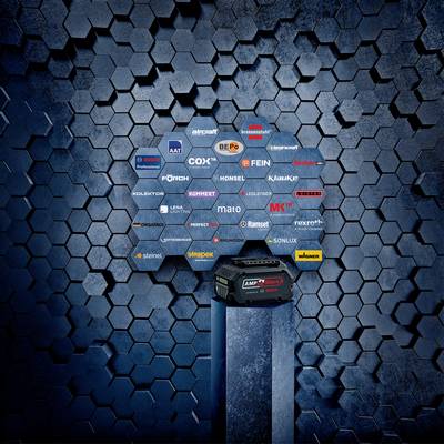 Eine Vielzahl von Markennamen in hexagonalen Kacheln an einer Wand dargestellt, darunter 'FEIN', 'Metabo' und 'Klauke' in einer blauen Umgebung.