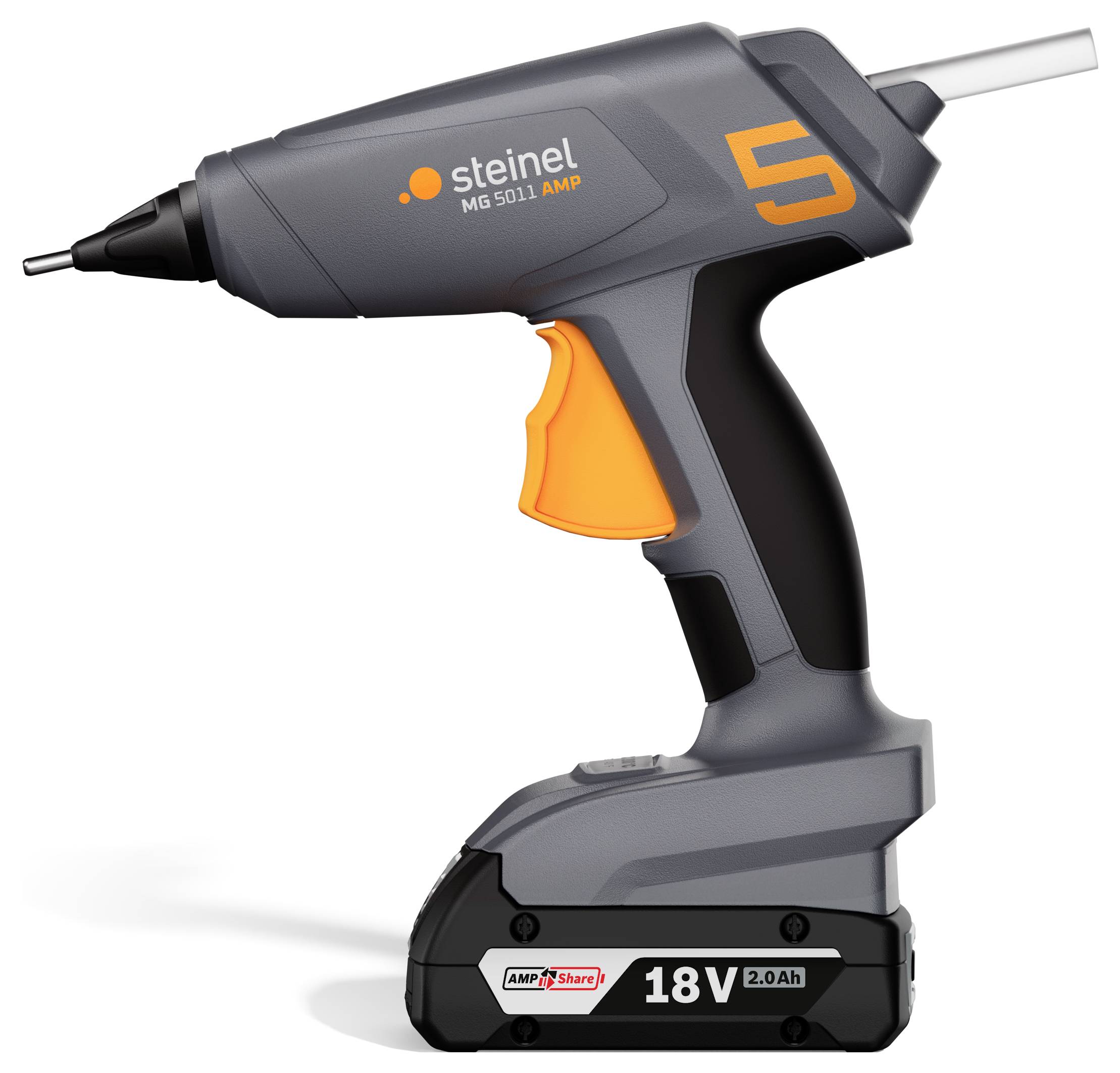 Eine graue 18-Volt-Akkuklebepistole mit orangenen Akzenten, Modell 'Steinel MG 5011 AMP'.