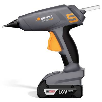 Eine graue 18-Volt-Akkuklebepistole mit orangenen Akzenten, Modell 'Steinel MG 5011 AMP'.