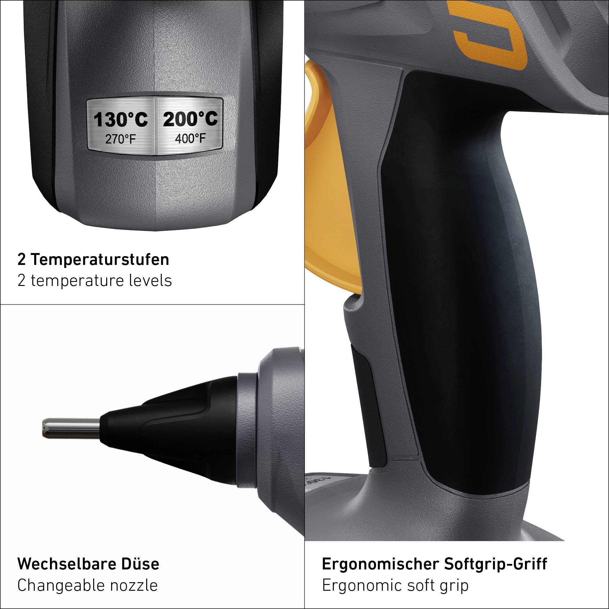 Heißluftgebläse mit zwei Temperaturstufen: 130°C und 200°C. Wechselbare Düse und ergonomischer Softgriff.