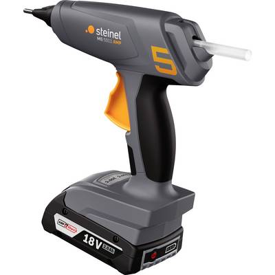 Akkubetriebene Heißklebepistole in Grau mit orangem Abzug, beschriftet mit 'steinel MG 5011 AMP' und '18V 2.0 Ah' auf dem Akku. Ideal für Heimwerkerprojekte.