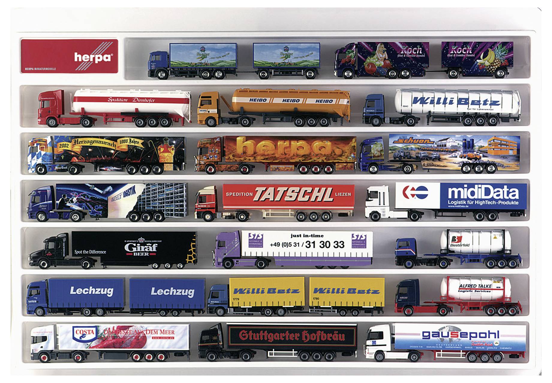 Eine Sammlung von Miniatur-Lkw-Modellen, die verschiedene Marken und Designs repräsentieren und in einer Displaybox angeordnet sind.