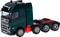 Schwarzer Modell-Lkw mit rotem Chassis und vier Achsen. Der Lkw ist realistisch gestaltet und zeigt Details wie Lichter und Räder.