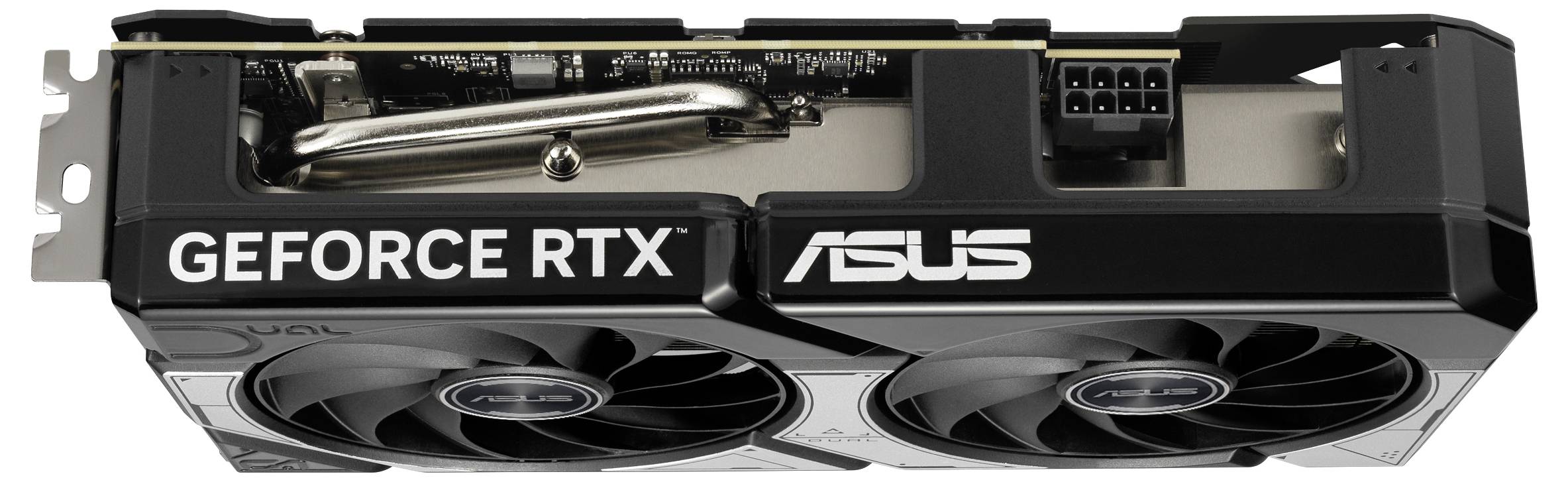 Eine ASUS GeForce RTX Grafikkarte mit zwei großen Lüftern, silbernem Kühlkörper und Stromanschluss oben.